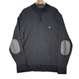 Mens 2XB Gray Striped Henley Sweater Pullover Knit Elbow Patch Casual Warm Top‎